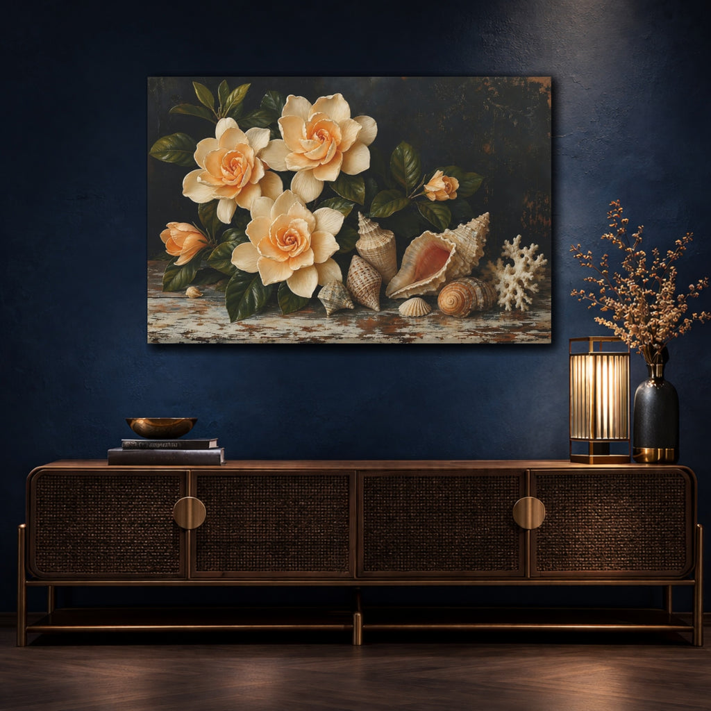 Mockup 4. Nature Gardenia Flowers Cream Floral Still Life shown as stretched canvas wall art
