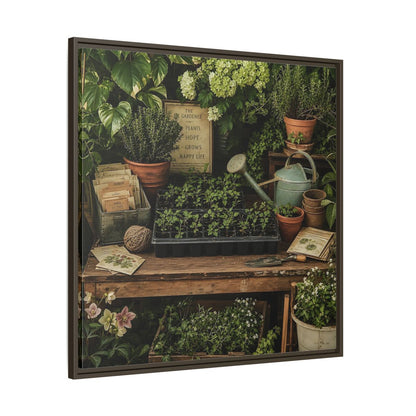 Main Mockup. Nature Gardening Bench Rustic Green Garden shown as stretched canvas wall art