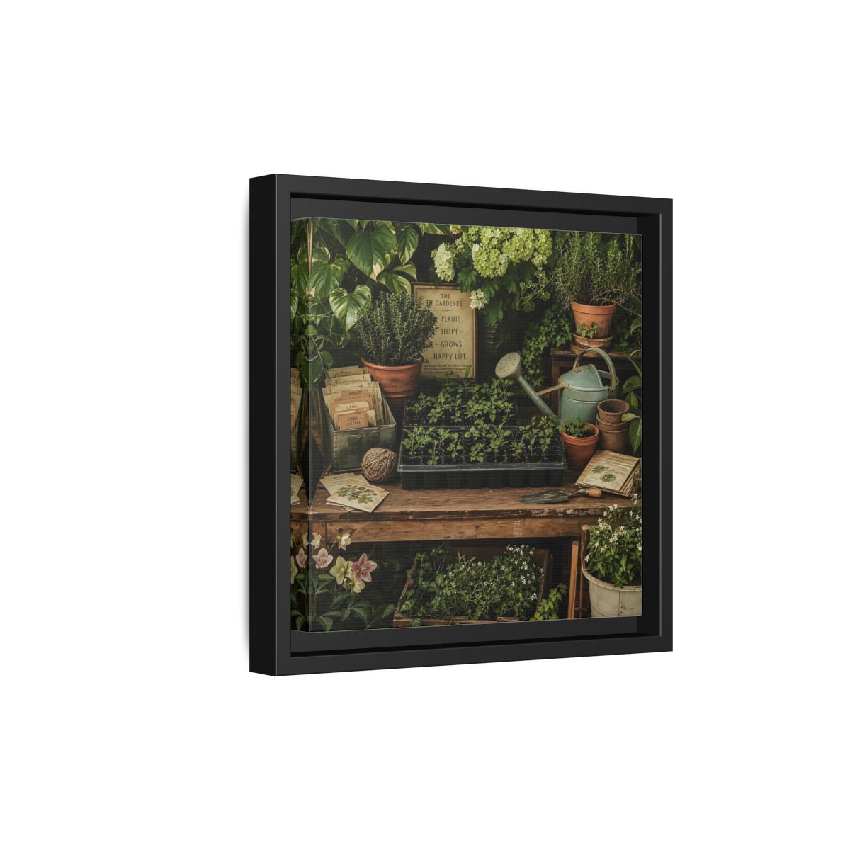 Side Mockup 21. Nature Gardening Bench Rustic Green Garden shown as stretched canvas wall art