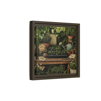 Side Mockup 20. Nature Gardening Bench Rustic Green Garden shown as stretched canvas wall art