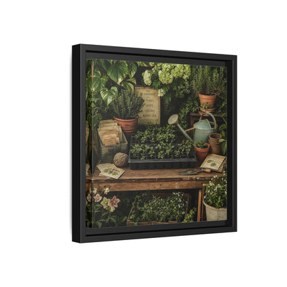Side Mockup 18. Nature Gardening Bench Rustic Green Garden shown as stretched canvas wall art