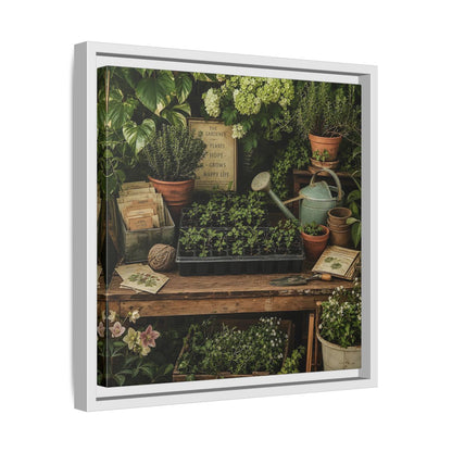 Side Mockup 28. Nature Gardening Bench Rustic Green Garden shown as stretched canvas wall art