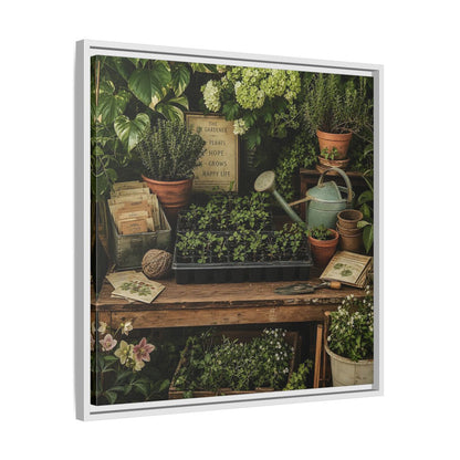 Side Mockup 26. Nature Gardening Bench Rustic Green Garden shown as stretched canvas wall art