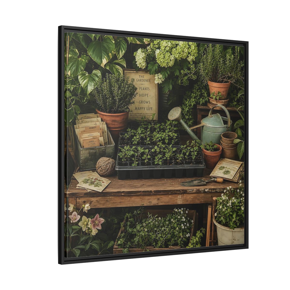 Side Mockup 6. Nature Gardening Bench Rustic Green Garden shown as stretched canvas wall art