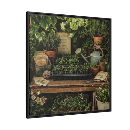 Side Mockup 6. Nature Gardening Bench Rustic Green Garden shown as stretched canvas wall art