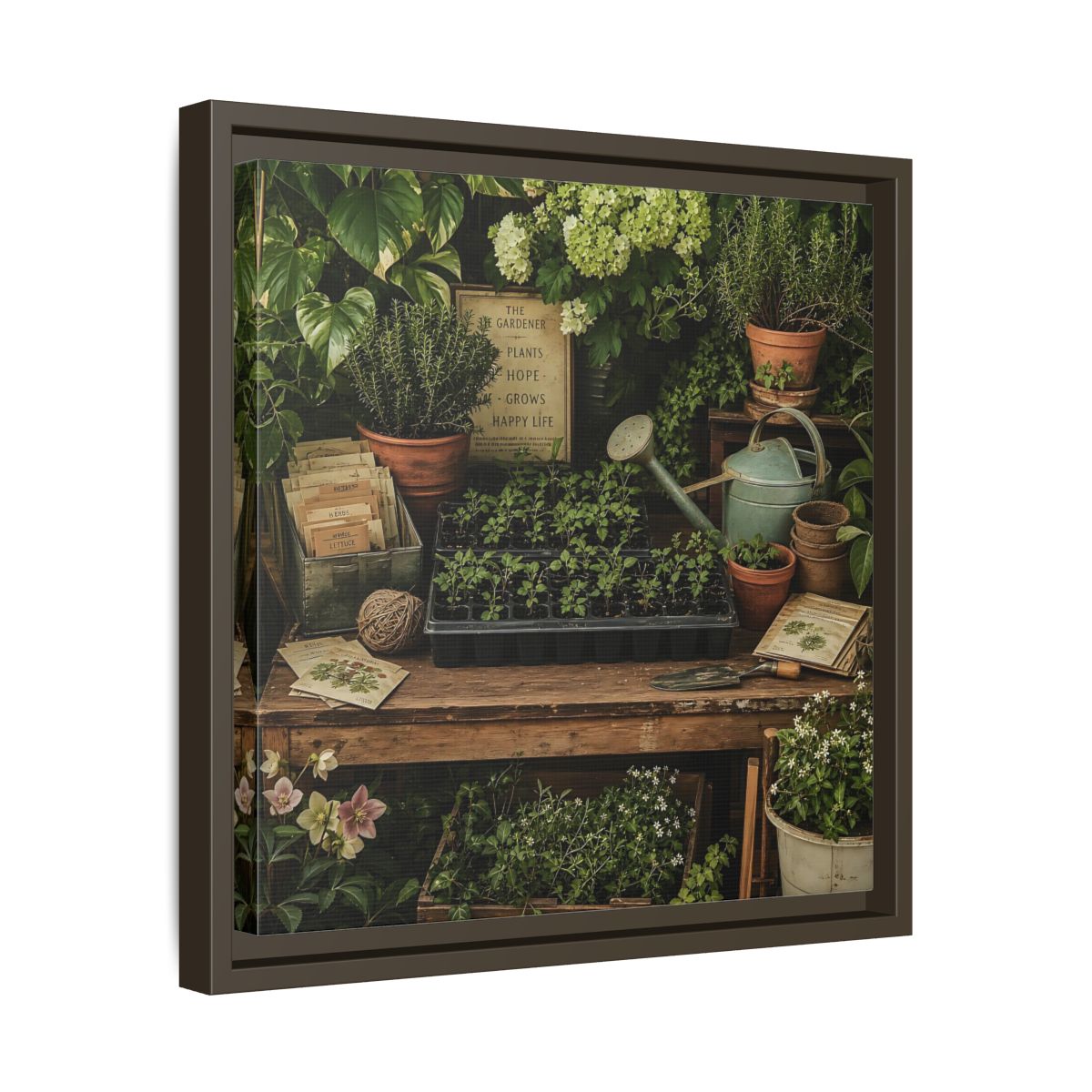 Side Mockup 29. Nature Gardening Bench Rustic Green Garden shown as stretched canvas wall art