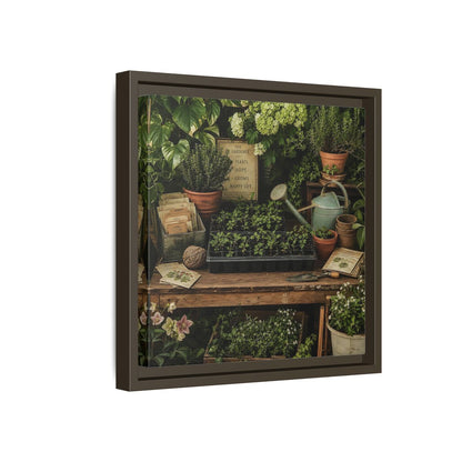 Side Mockup 17. Nature Gardening Bench Rustic Green Garden shown as stretched canvas wall art