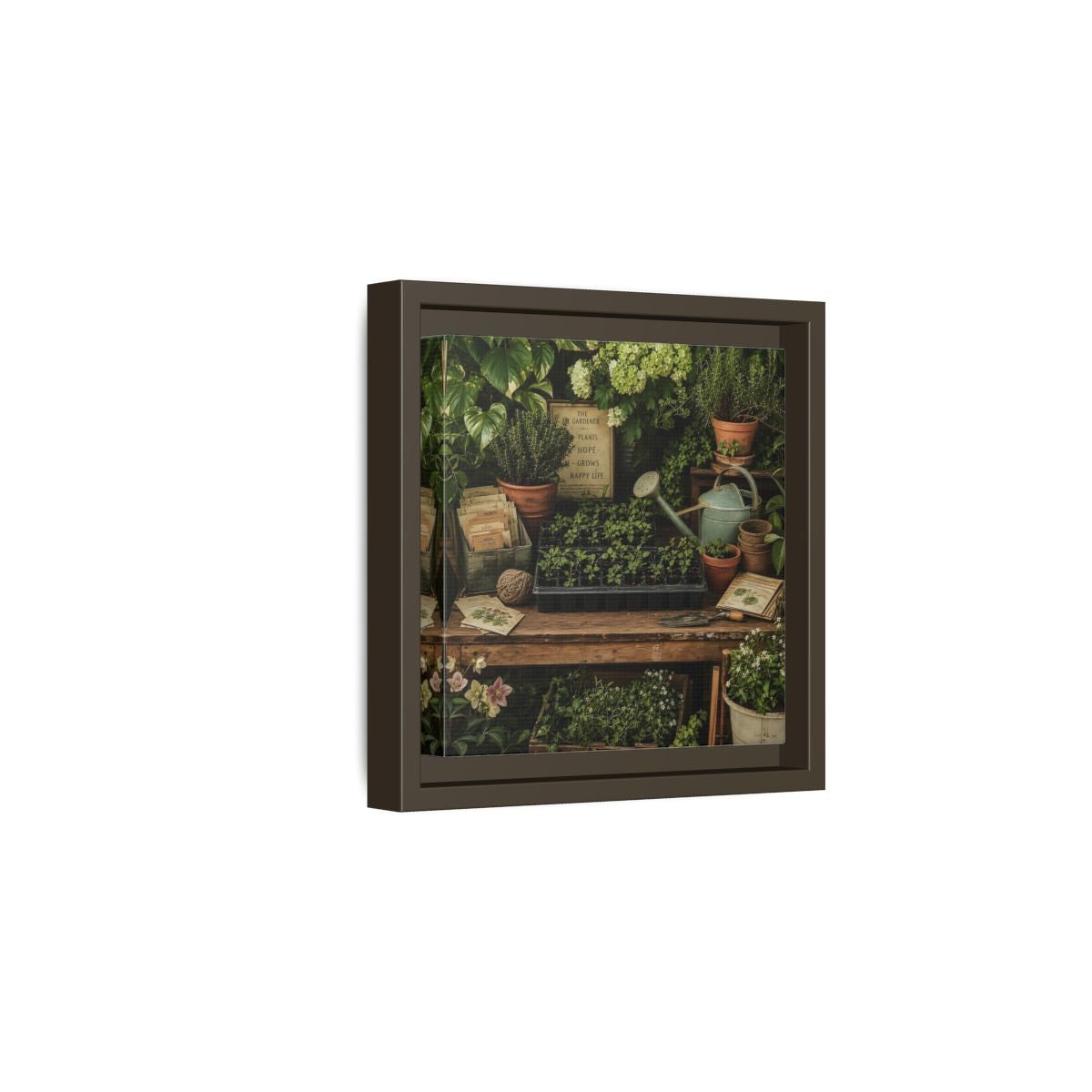 Side Mockup 2. Nature Gardening Bench Rustic Green Garden shown as stretched canvas wall art