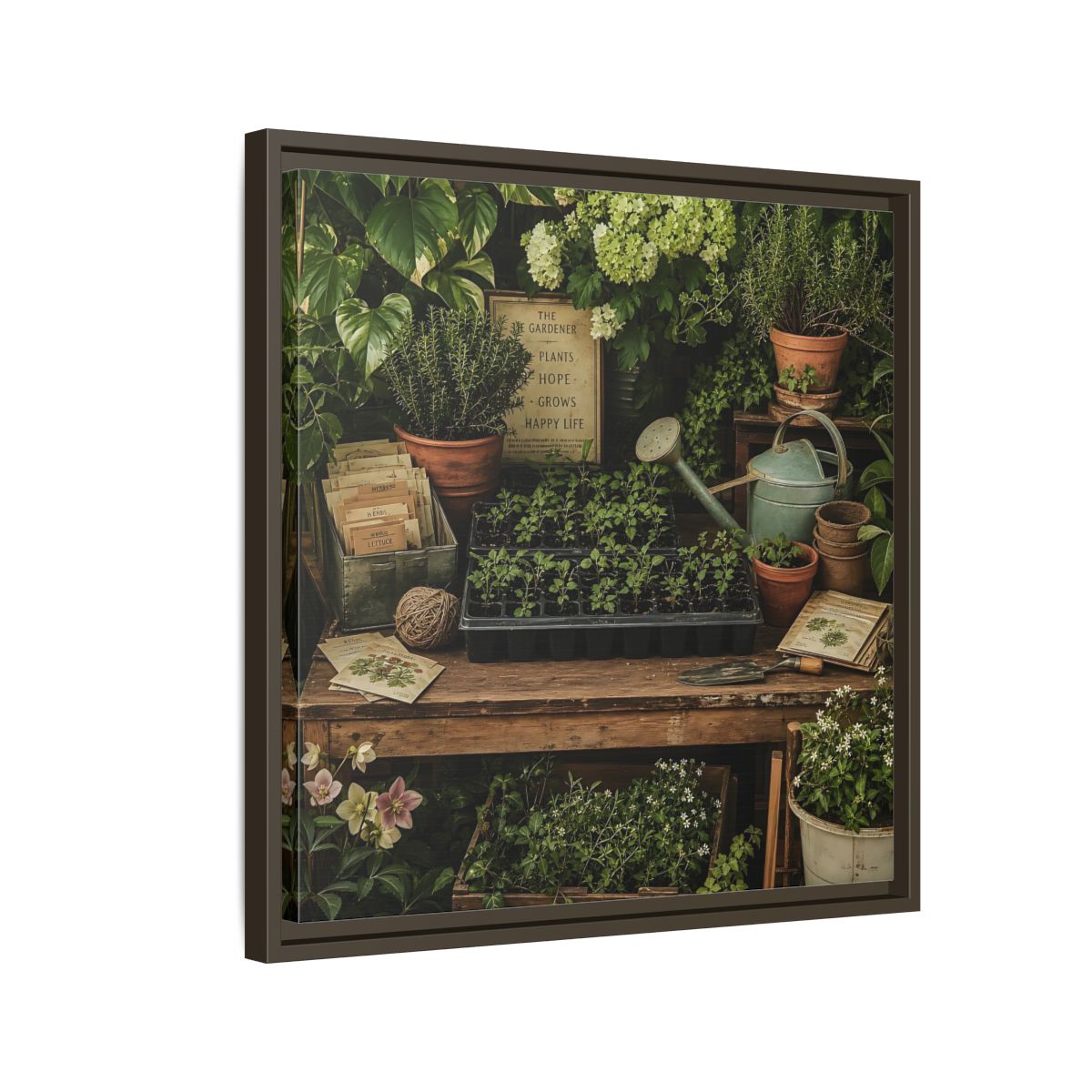 Side Mockup 11. Nature Gardening Bench Rustic Green Garden shown as stretched canvas wall art