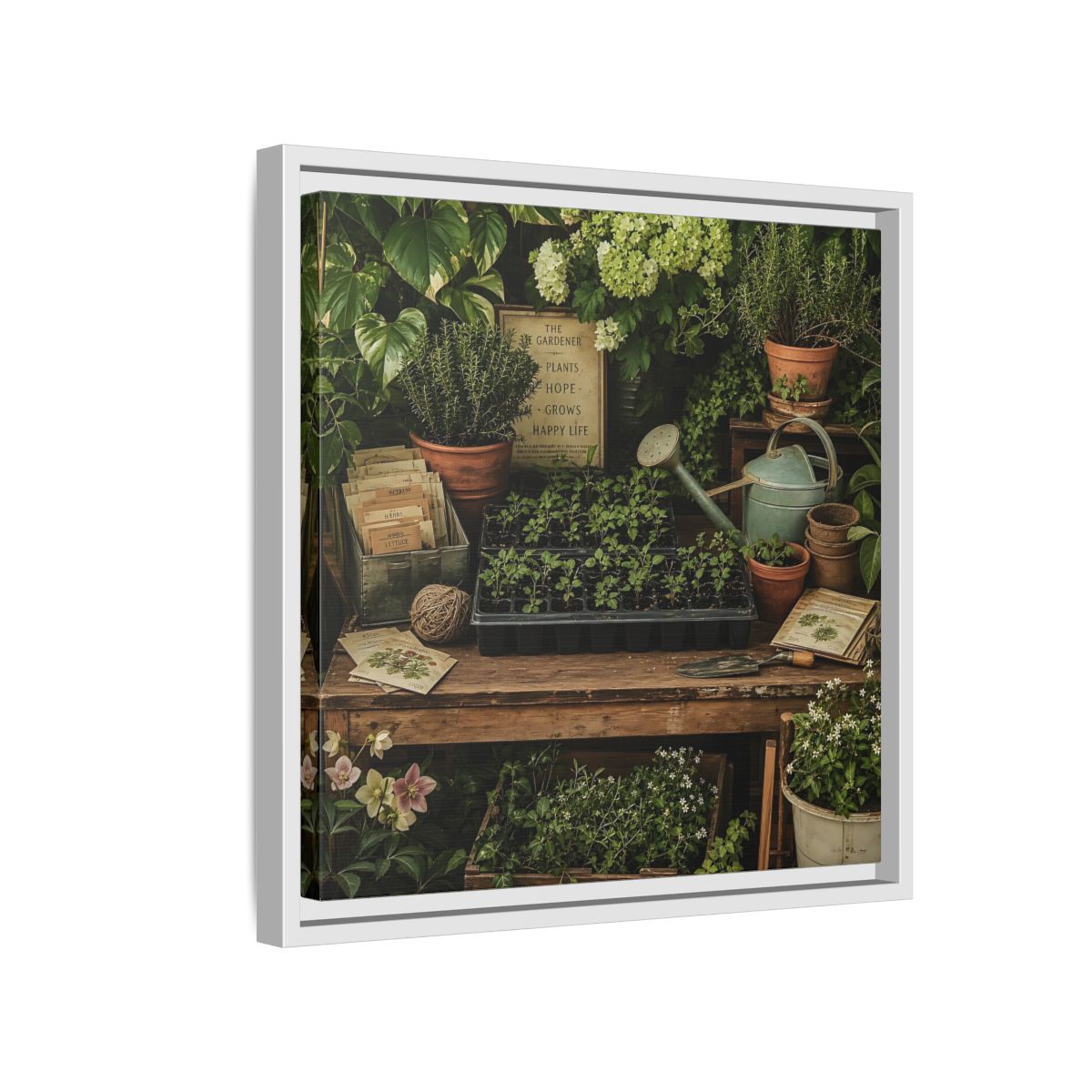 Side Mockup 13. Nature Gardening Bench Rustic Green Garden shown as stretched canvas wall art
