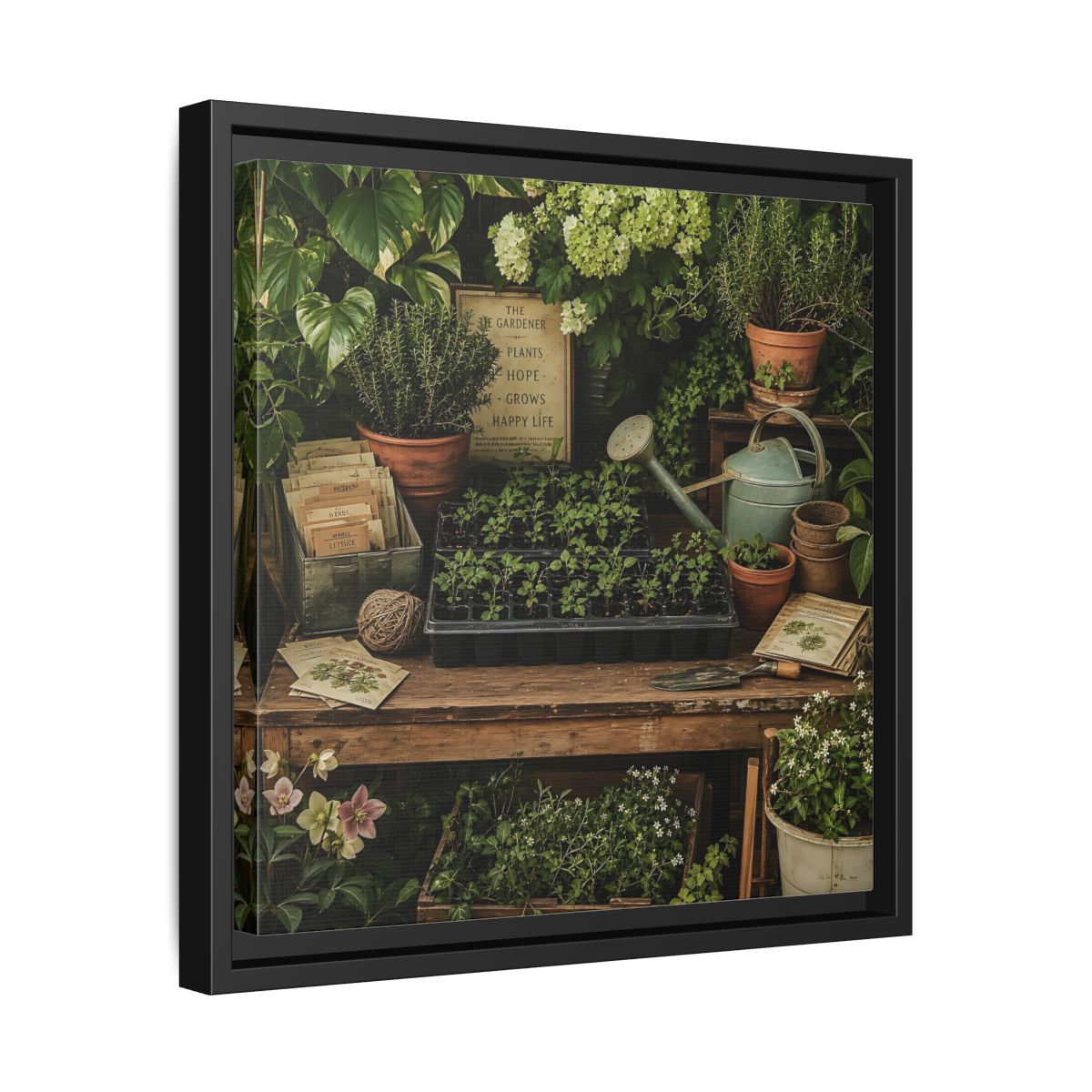 Side Mockup 32. Nature Gardening Bench Rustic Green Garden shown as stretched canvas wall art
