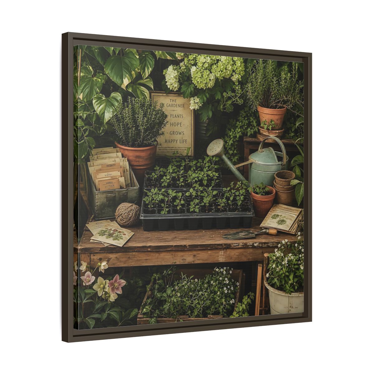 Side Mockup 27. Nature Gardening Bench Rustic Green Garden shown as stretched canvas wall art
