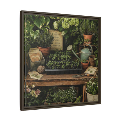 Side Mockup 27. Nature Gardening Bench Rustic Green Garden shown as stretched canvas wall art