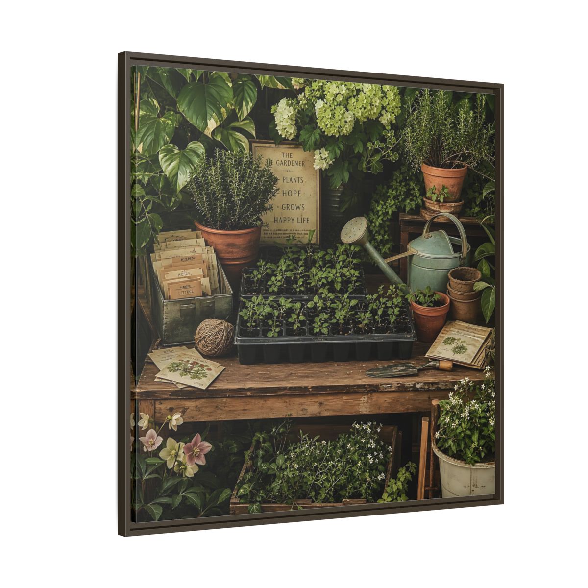 Side Mockup 5. Nature Gardening Bench Rustic Green Garden shown as stretched canvas wall art