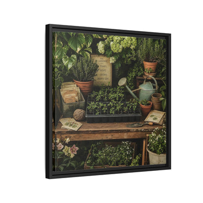 Side Mockup 12. Nature Gardening Bench Rustic Green Garden shown as stretched canvas wall art