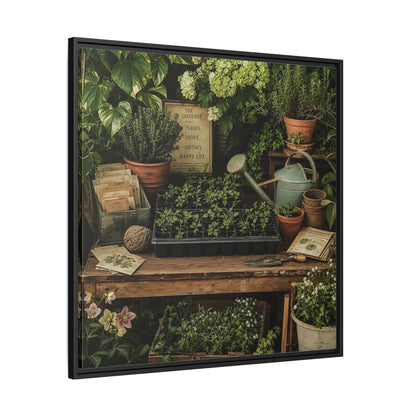 Side Mockup 30. Nature Gardening Bench Rustic Green Garden shown as stretched canvas wall art