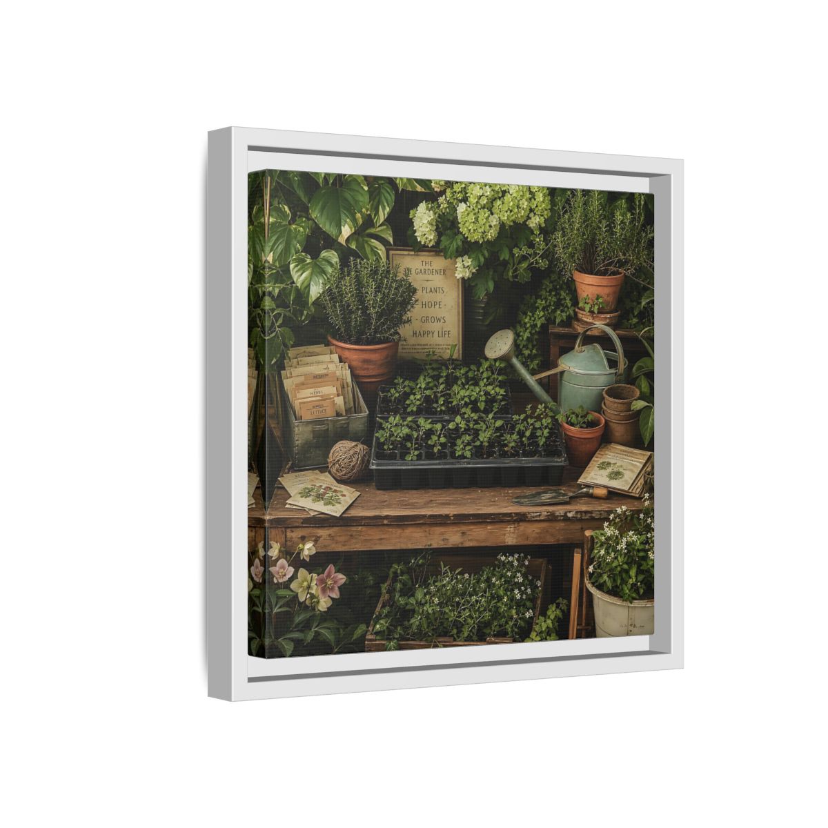 Side Mockup 16. Nature Gardening Bench Rustic Green Garden shown as stretched canvas wall art