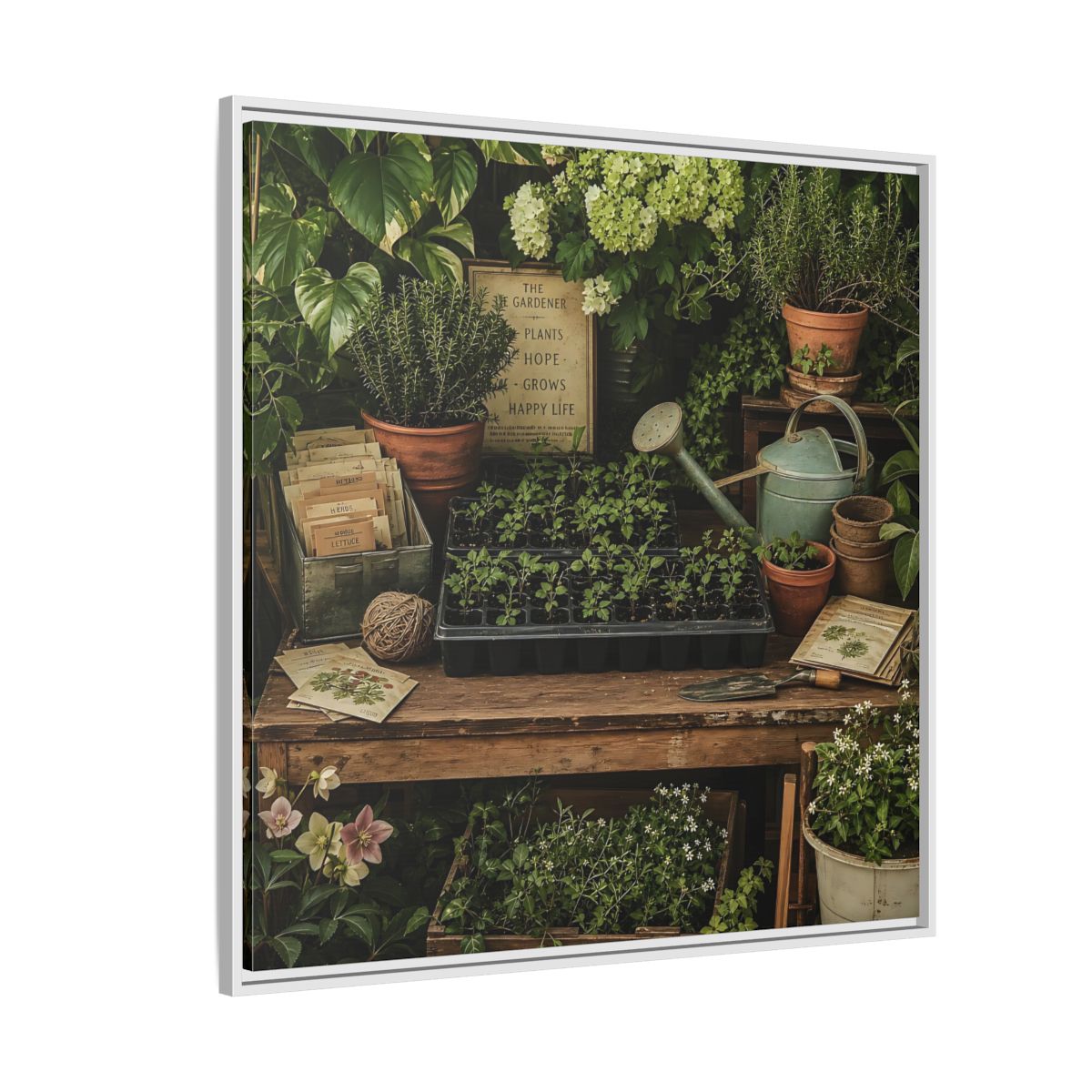 Side Mockup 4. Nature Gardening Bench Rustic Green Garden shown as stretched canvas wall art