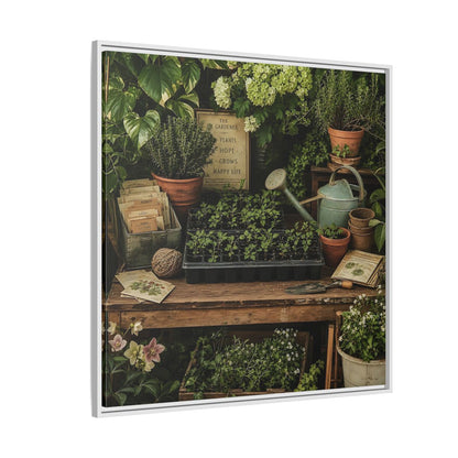 Side Mockup 4. Nature Gardening Bench Rustic Green Garden shown as stretched canvas wall art