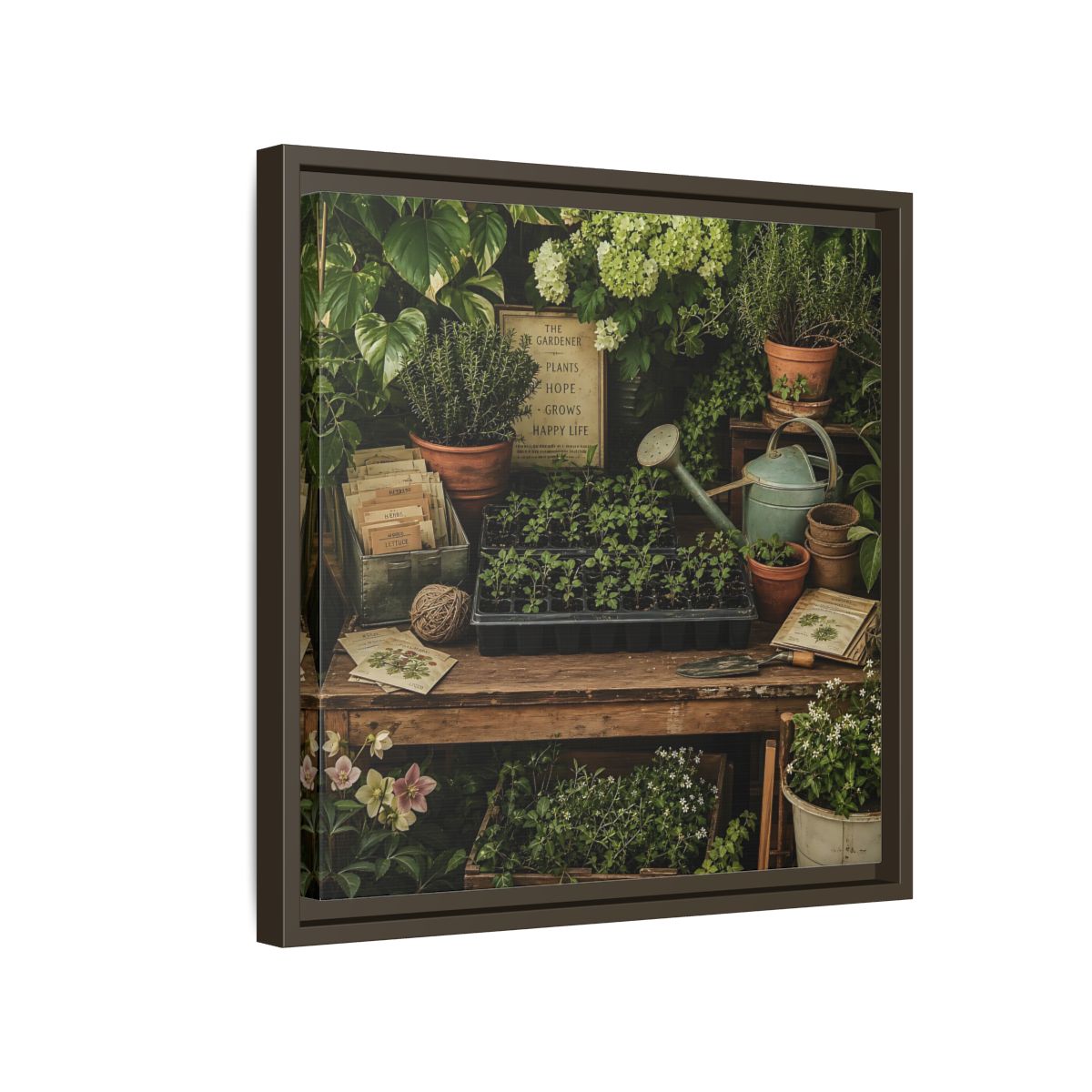 Side Mockup 14. Nature Gardening Bench Rustic Green Garden shown as stretched canvas wall art