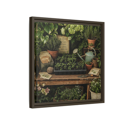 Side Mockup 14. Nature Gardening Bench Rustic Green Garden shown as stretched canvas wall art
