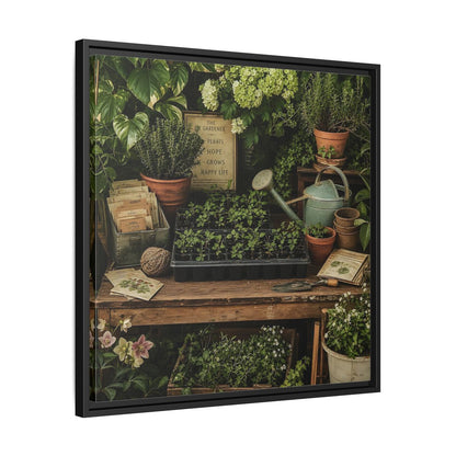 Side Mockup 31. Nature Gardening Bench Rustic Green Garden shown as stretched canvas wall art