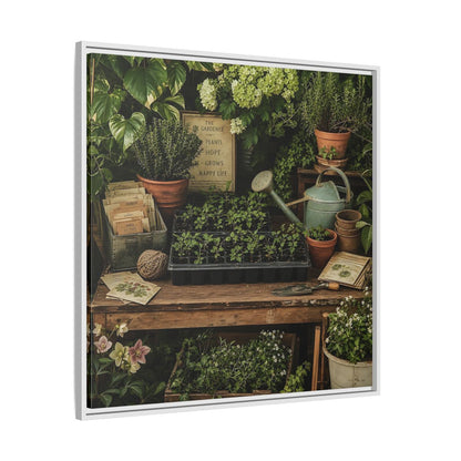 Side Mockup 25. Nature Gardening Bench Rustic Green Garden shown as stretched canvas wall art