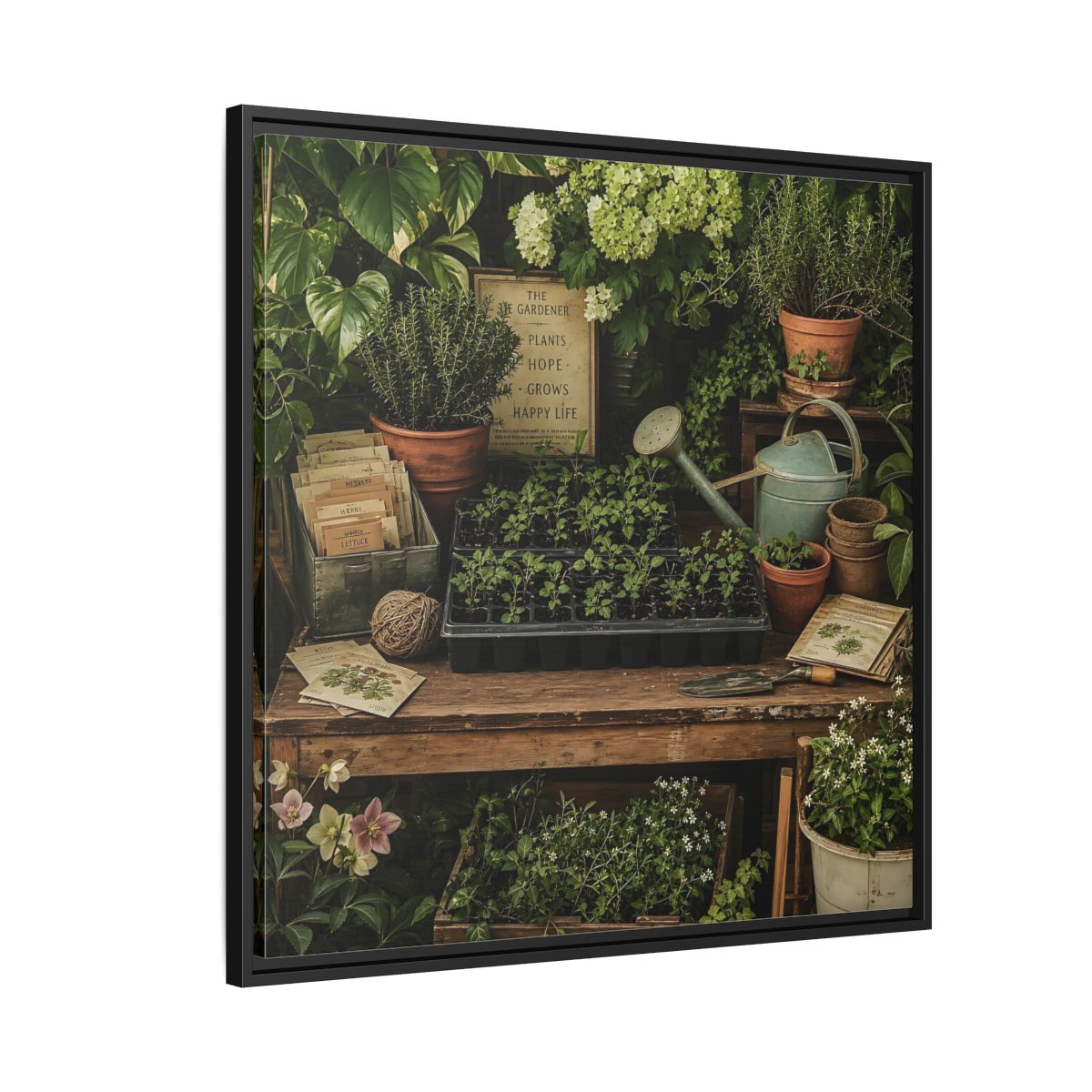 Side Mockup 9. Nature Gardening Bench Rustic Green Garden shown as stretched canvas wall art