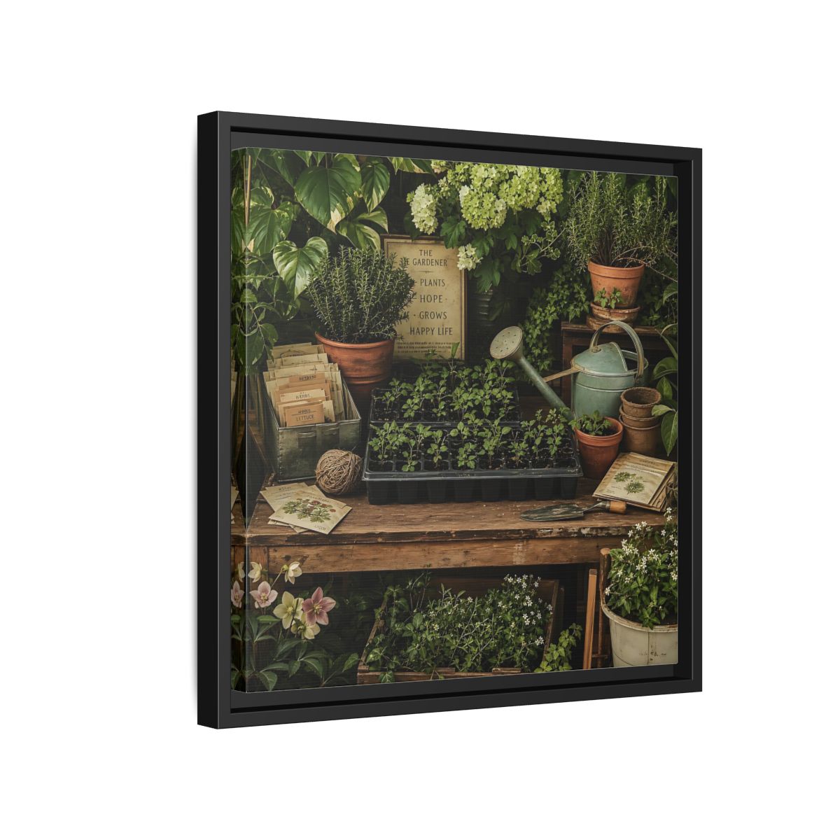 Side Mockup 15. Nature Gardening Bench Rustic Green Garden shown as stretched canvas wall art