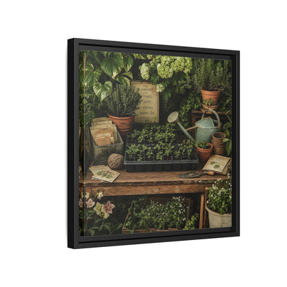 Side Mockup 15. Nature Gardening Bench Rustic Green Garden shown as stretched canvas wall art