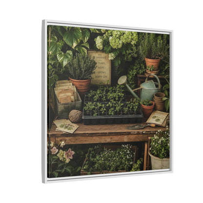 Side Mockup 7. Nature Gardening Bench Rustic Green Garden shown as stretched canvas wall art
