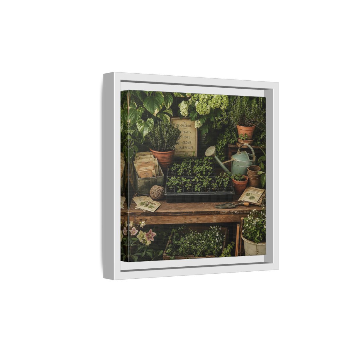 Side Mockup 19. Nature Gardening Bench Rustic Green Garden shown as stretched canvas wall art