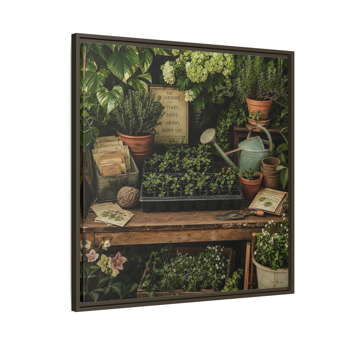 Side Mockup 8. Nature Gardening Bench Rustic Green Garden shown as stretched canvas wall art