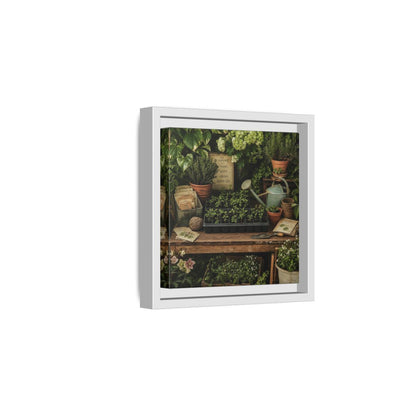 Side Mockup 1. Nature Gardening Bench Rustic Green Garden shown as stretched canvas wall art