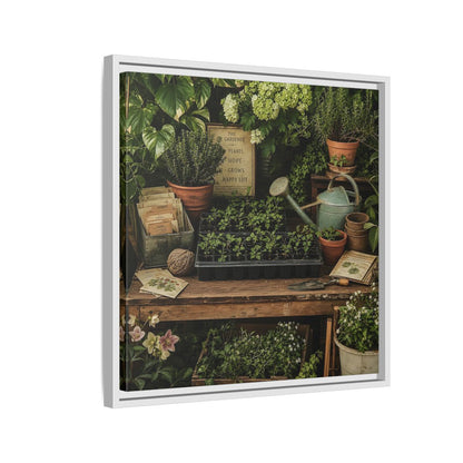 Side Mockup 10. Nature Gardening Bench Rustic Green Garden shown as stretched canvas wall art