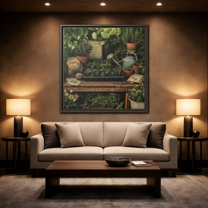 Mockup 2. Nature Gardening Bench Rustic Green Garden shown as stretched canvas wall art