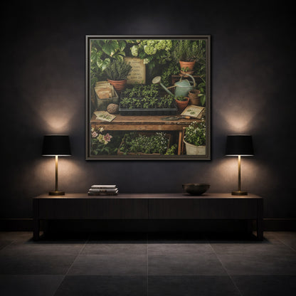 Mockup 3. Nature Gardening Bench Rustic Green Garden shown as stretched canvas wall art