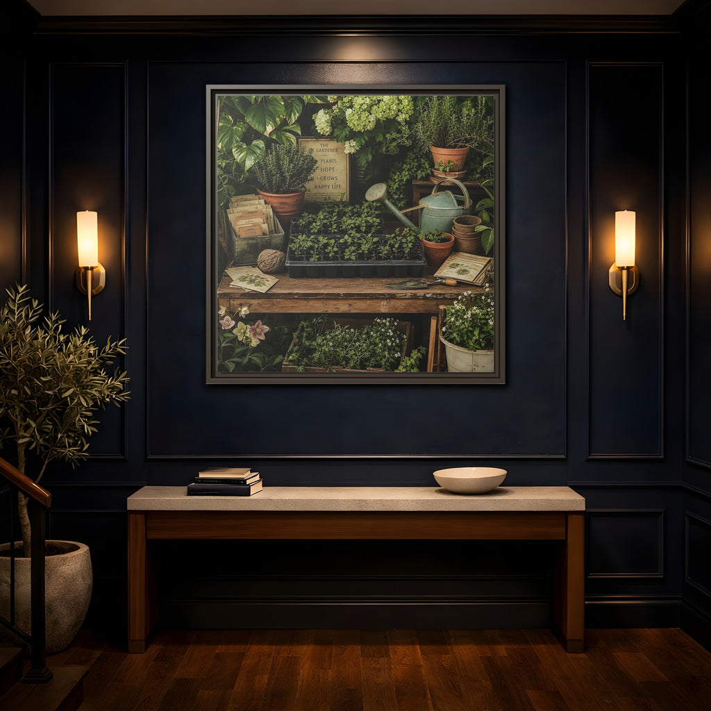 Mockup 4. Nature Gardening Bench Rustic Green Garden shown as stretched canvas wall art
