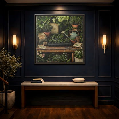 Mockup 4. Nature Gardening Bench Rustic Green Garden shown as stretched canvas wall art