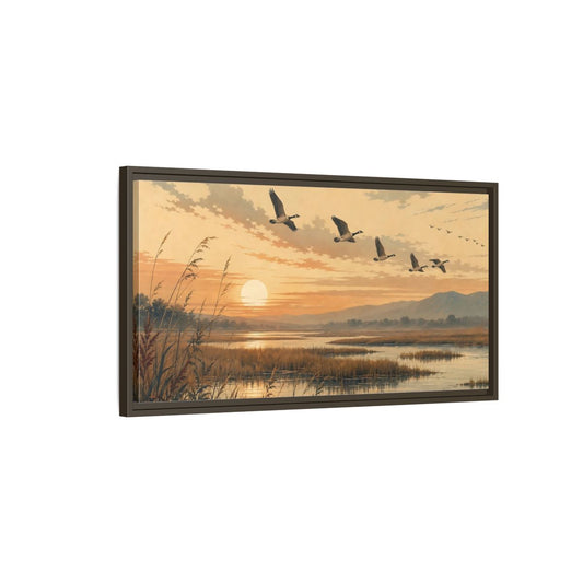 Main Mockup. Nature Geese Orange Brown Landscape shown as stretched canvas wall art