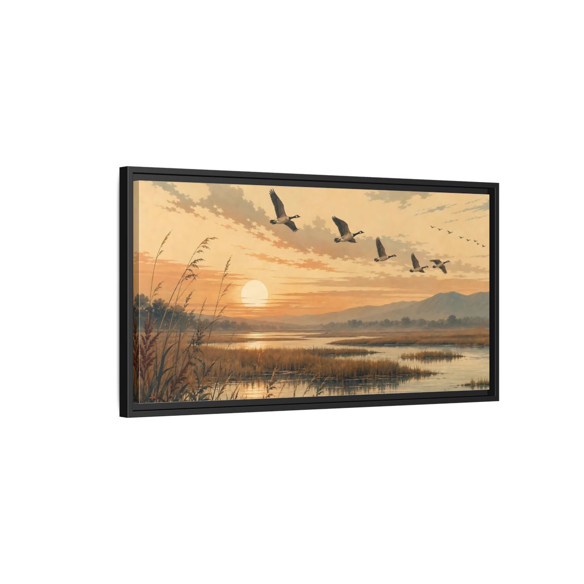 Side Mockup 2. Nature Geese Orange Brown Landscape shown as stretched canvas wall art