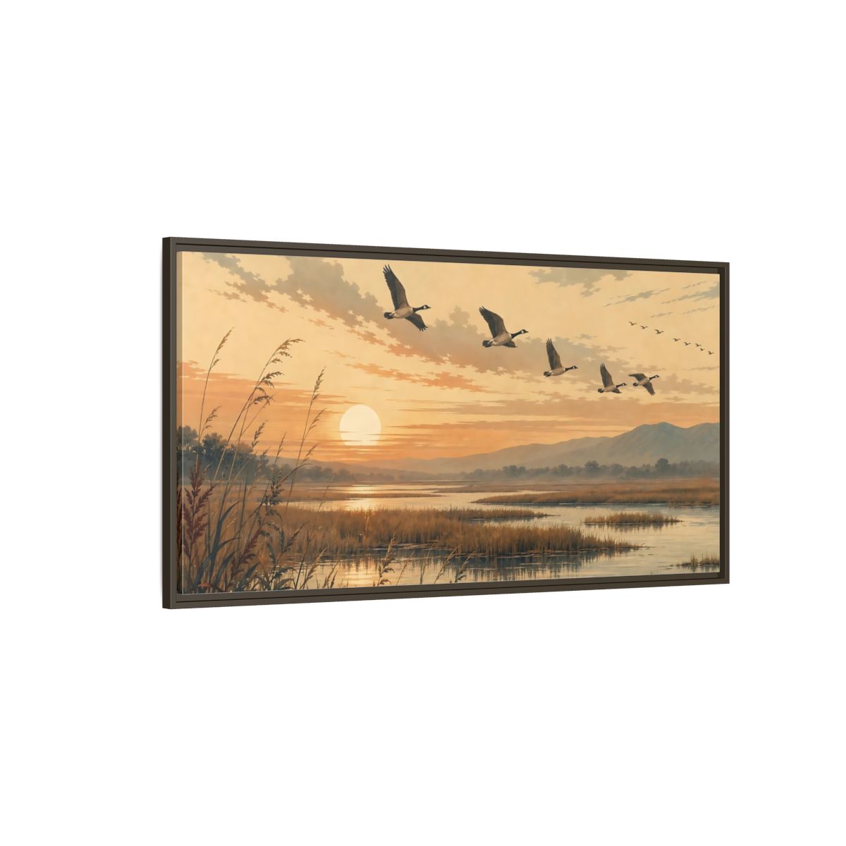 Side Mockup 4. Nature Geese Orange Brown Landscape shown as stretched canvas wall art