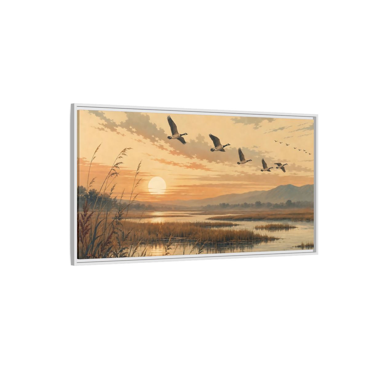 Side Mockup 3. Nature Geese Orange Brown Landscape shown as stretched canvas wall art