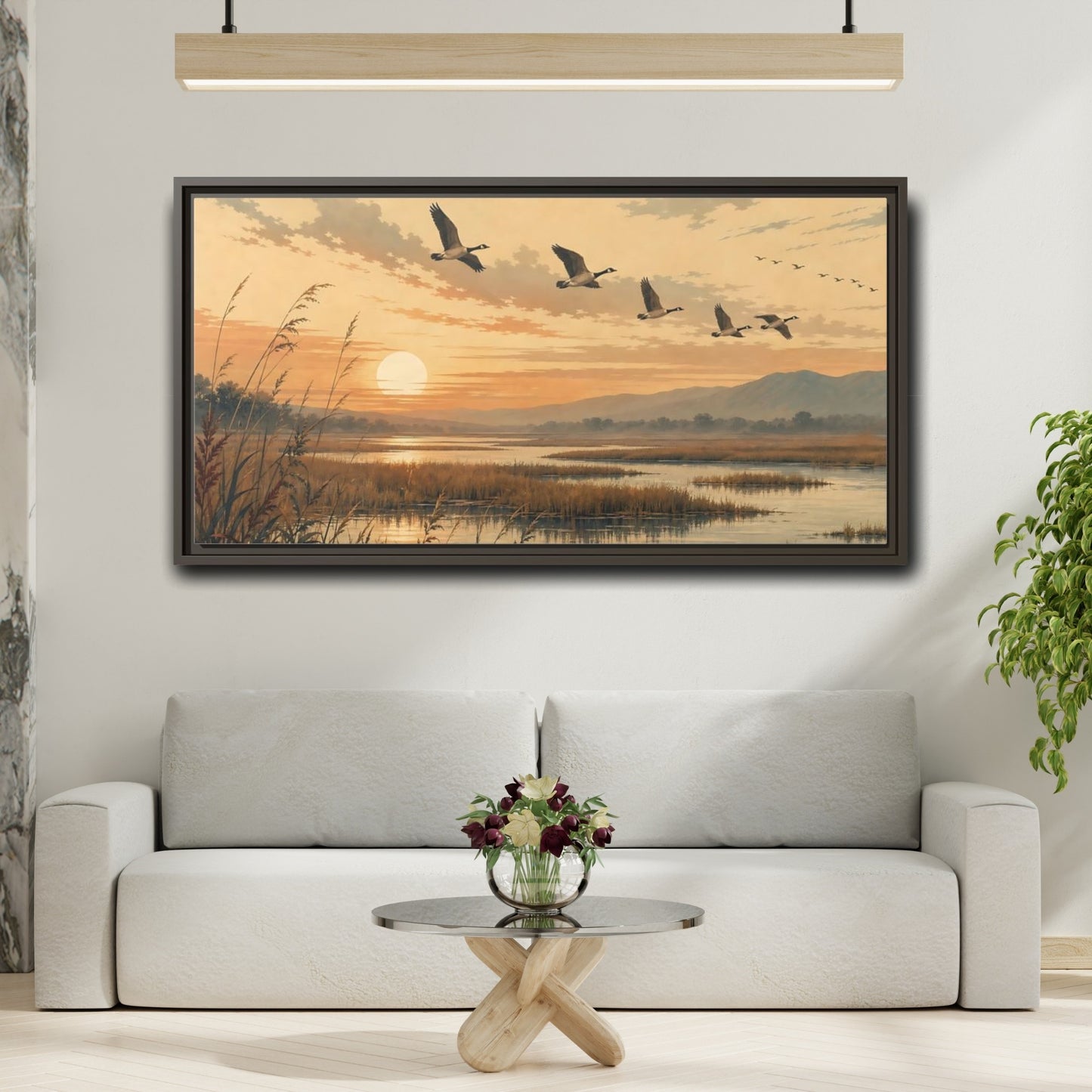 Mockup 2. Nature Geese Orange Brown Landscape shown as stretched canvas wall art