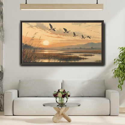 Mockup 2. Nature Geese Orange Brown Landscape shown as stretched canvas wall art
