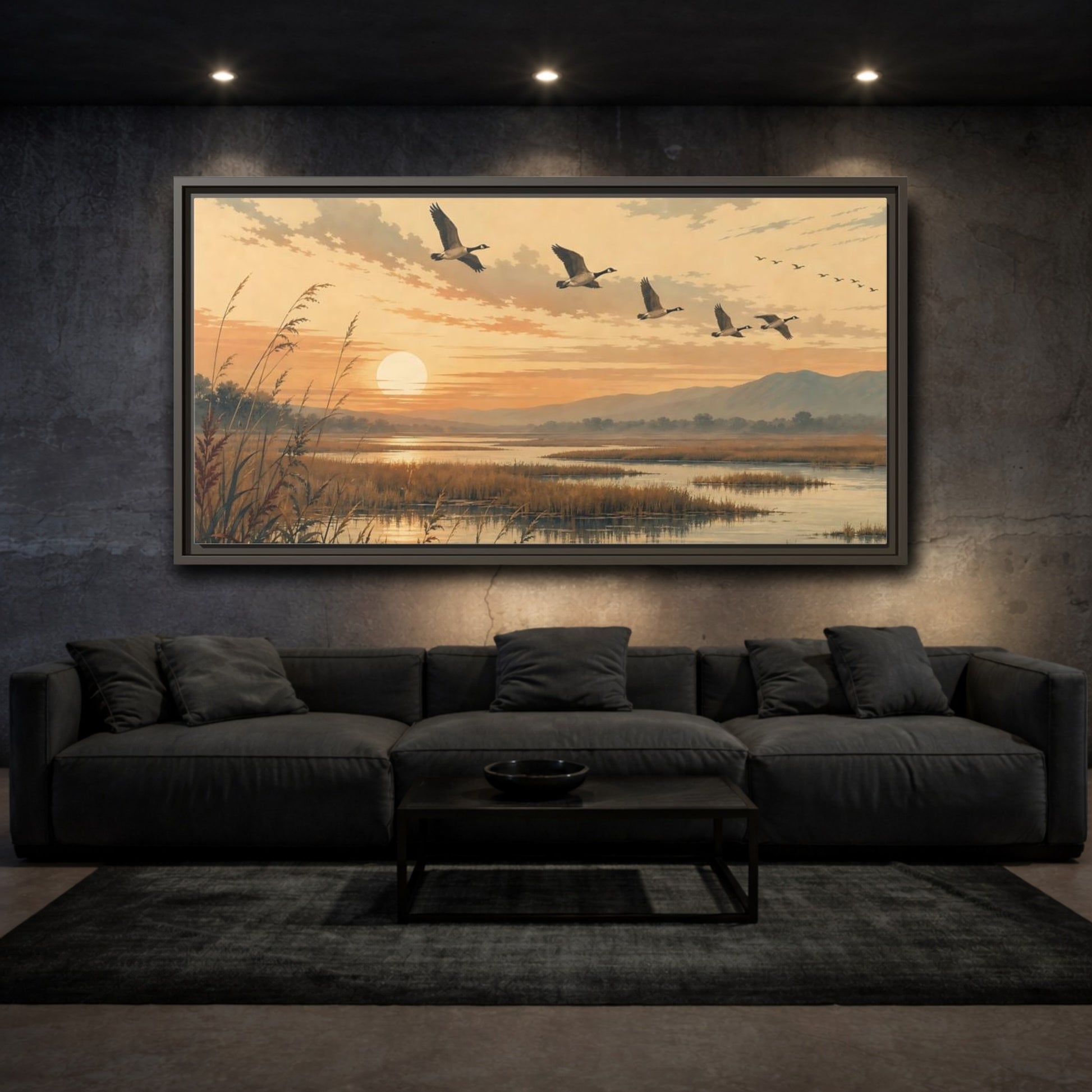 Mockup 3. Nature Geese Orange Brown Landscape shown as stretched canvas wall art