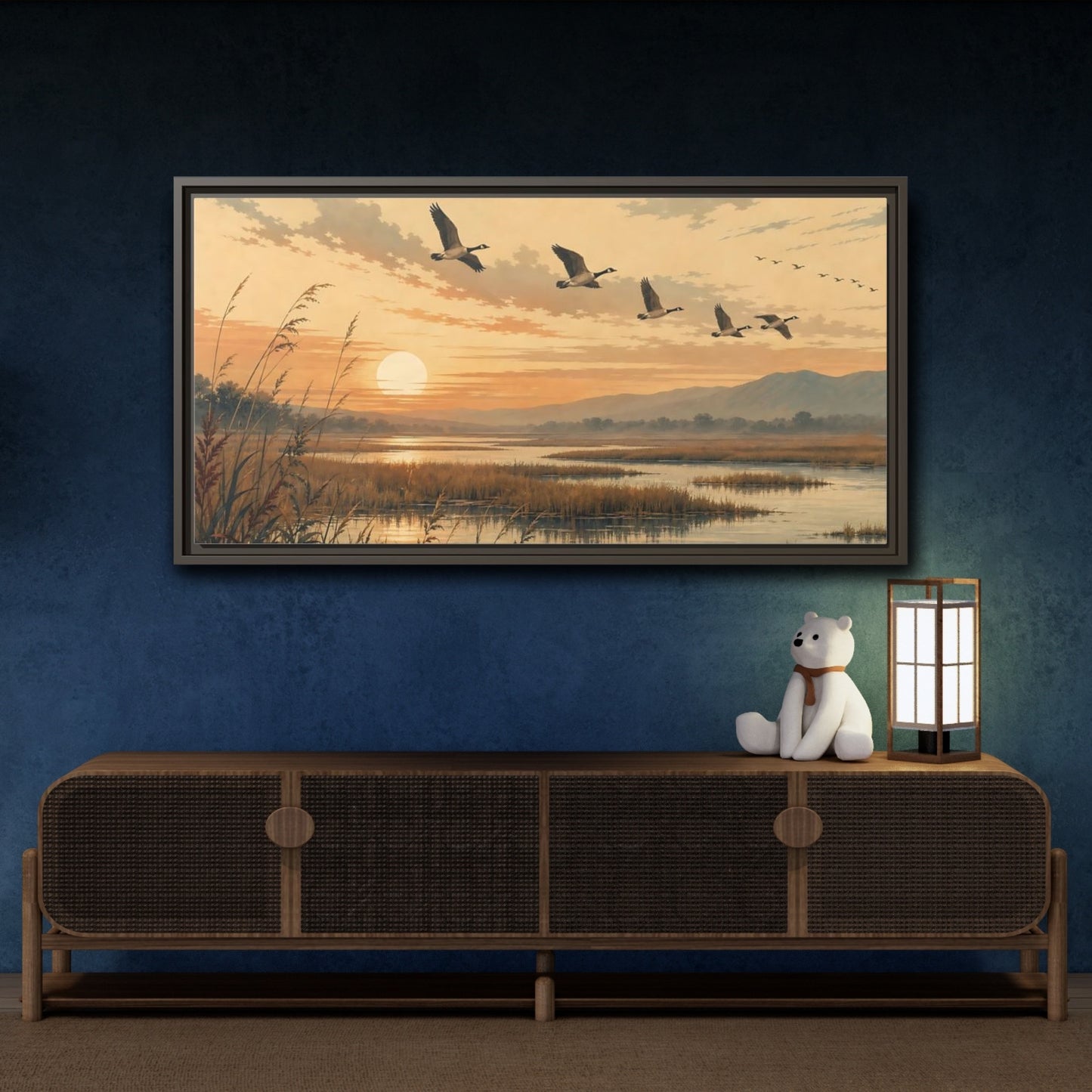 Mockup 4. Nature Geese Orange Brown Landscape shown as stretched canvas wall art