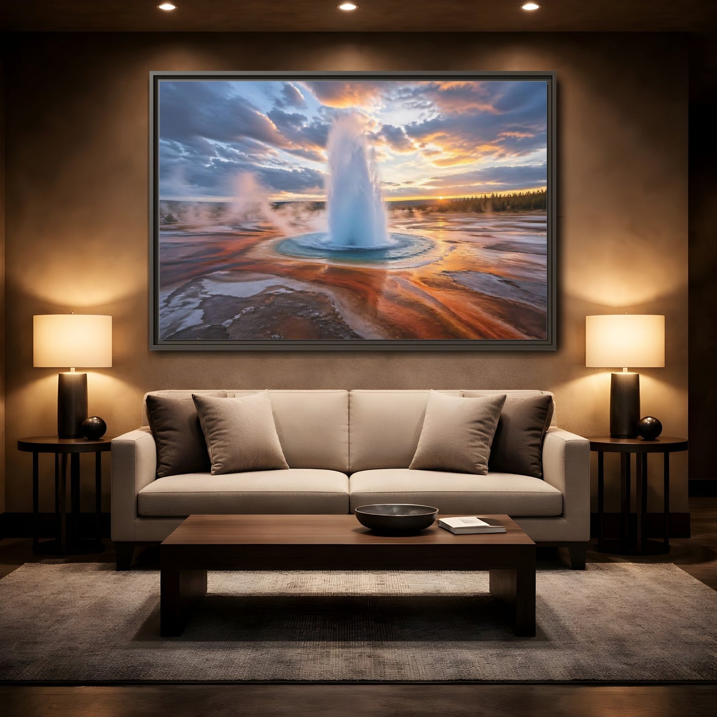 Mockup 2. Nature Geyser Geyser Sunset shown as stretched canvas wall art