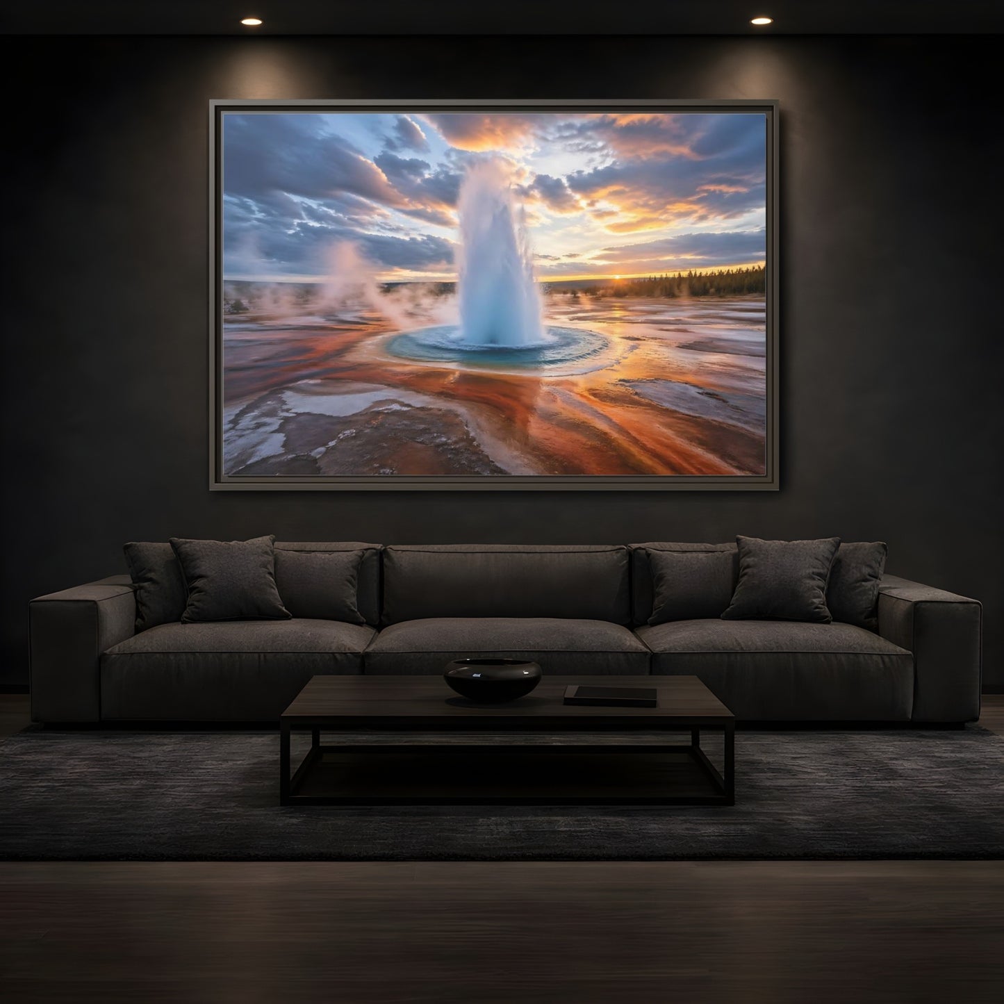 Mockup 3. Nature Geyser Geyser Sunset shown as stretched canvas wall art