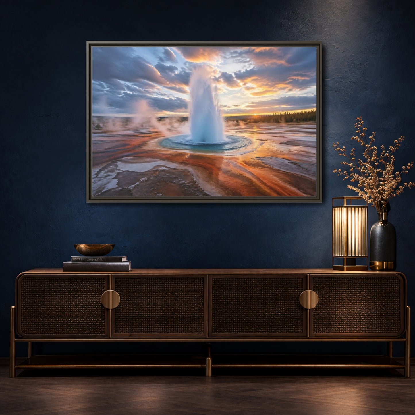 Mockup 4. Nature Geyser Geyser Sunset shown as stretched canvas wall art